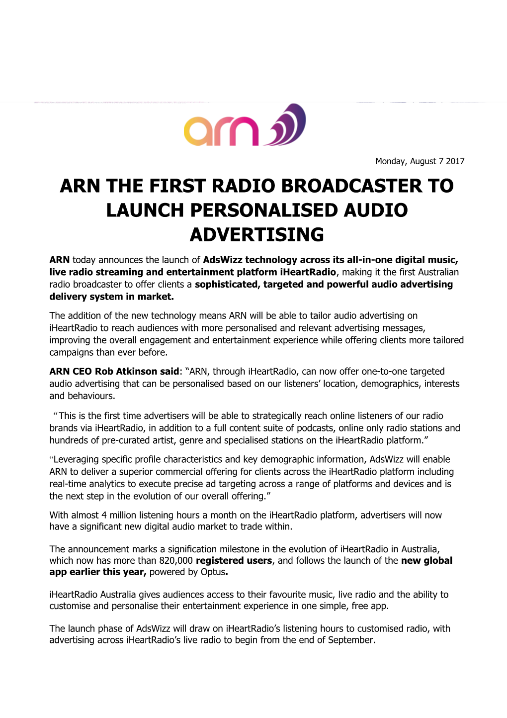 Arn the First Radio Broadcaster to Launch Personalised Audio Advertising