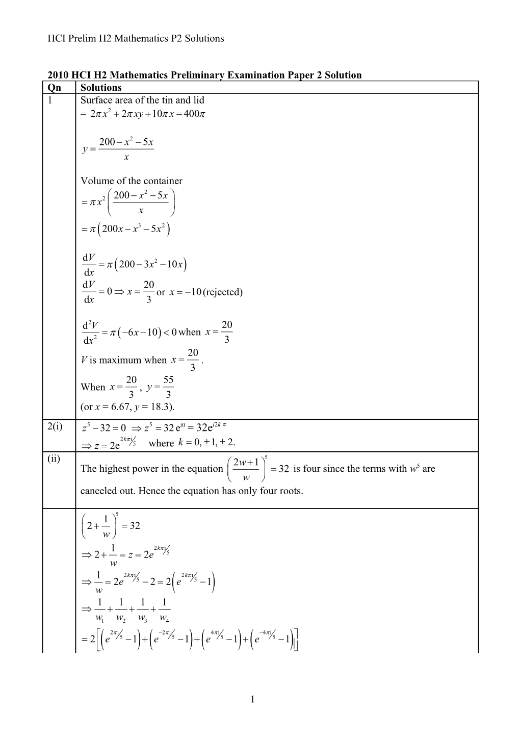 2010 HCI H2 Mathematics Preliminary Examination Paper 2 Solution