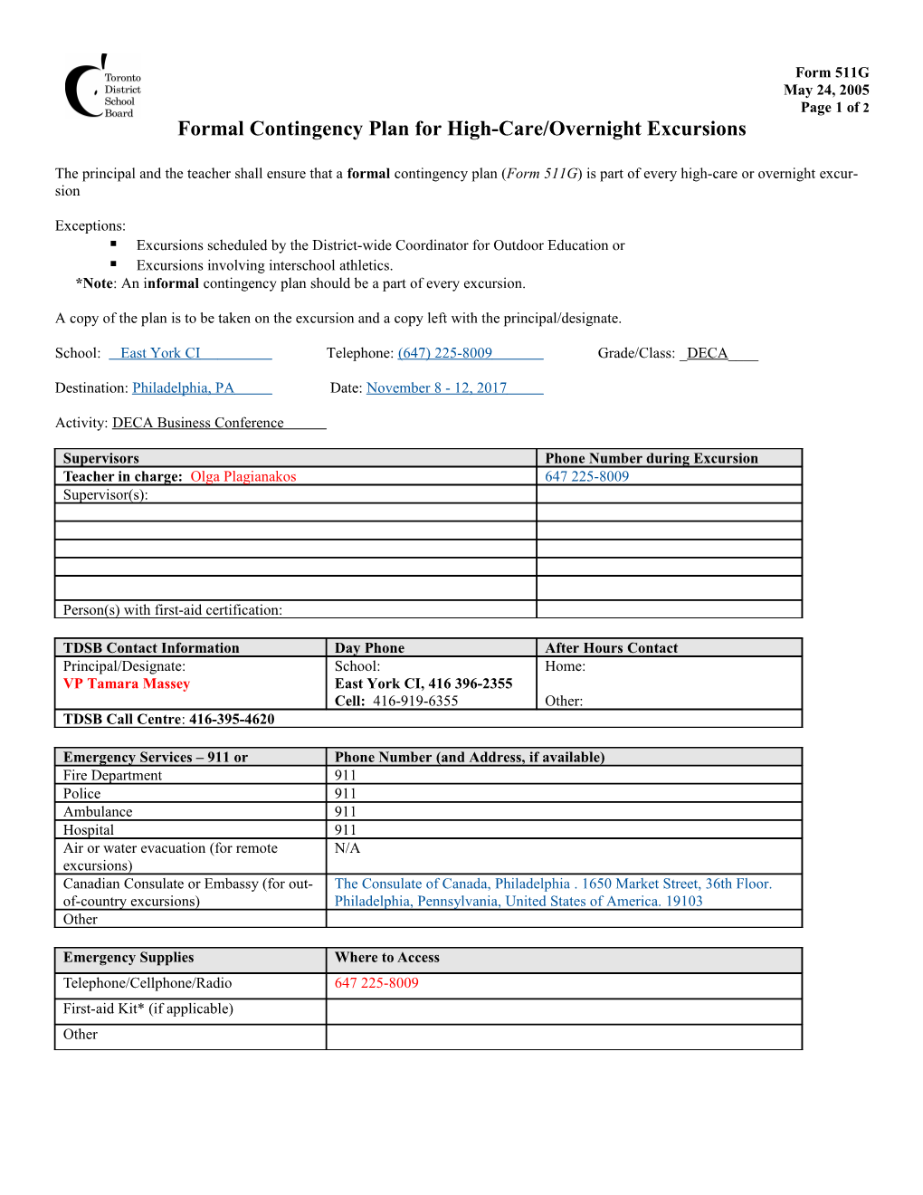 Form 511G: Formal Contingency Plan