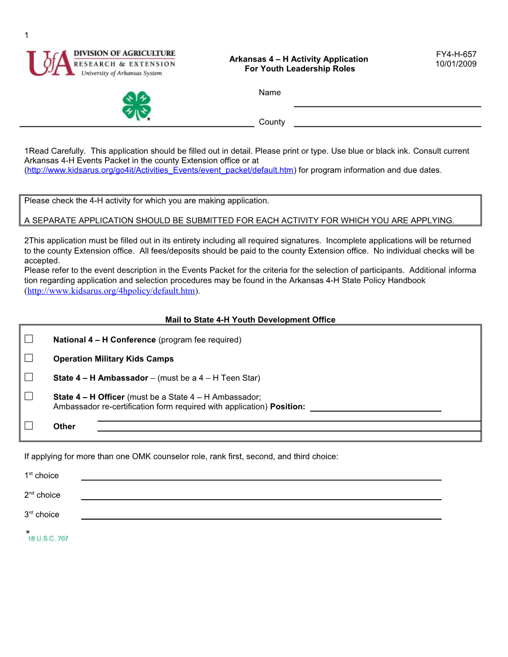 Mail to State 4-H Youth Development Office