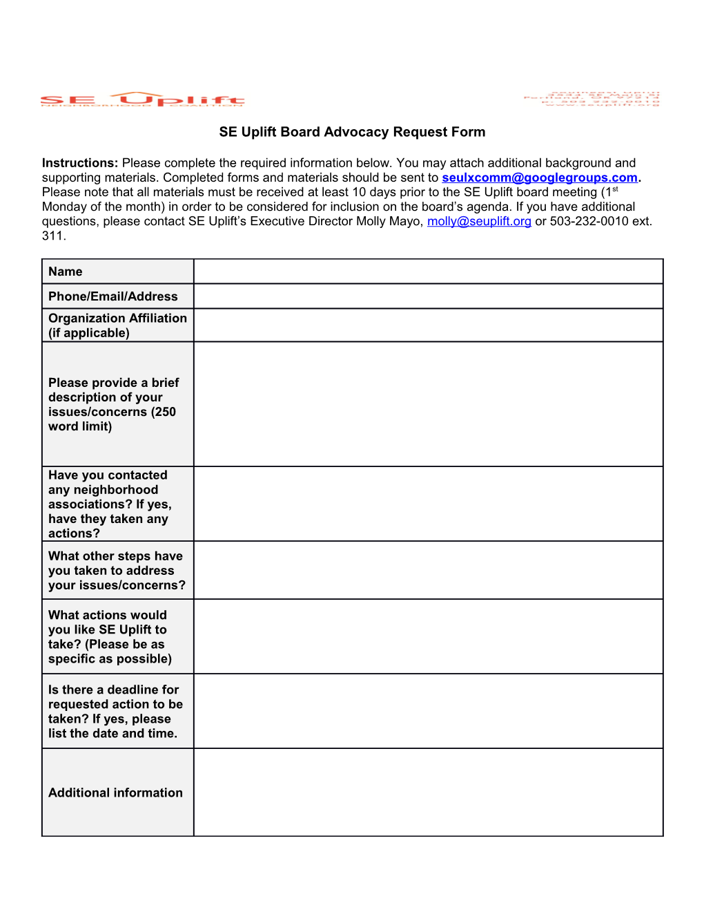SE Uplift Board Advocacy Request Form