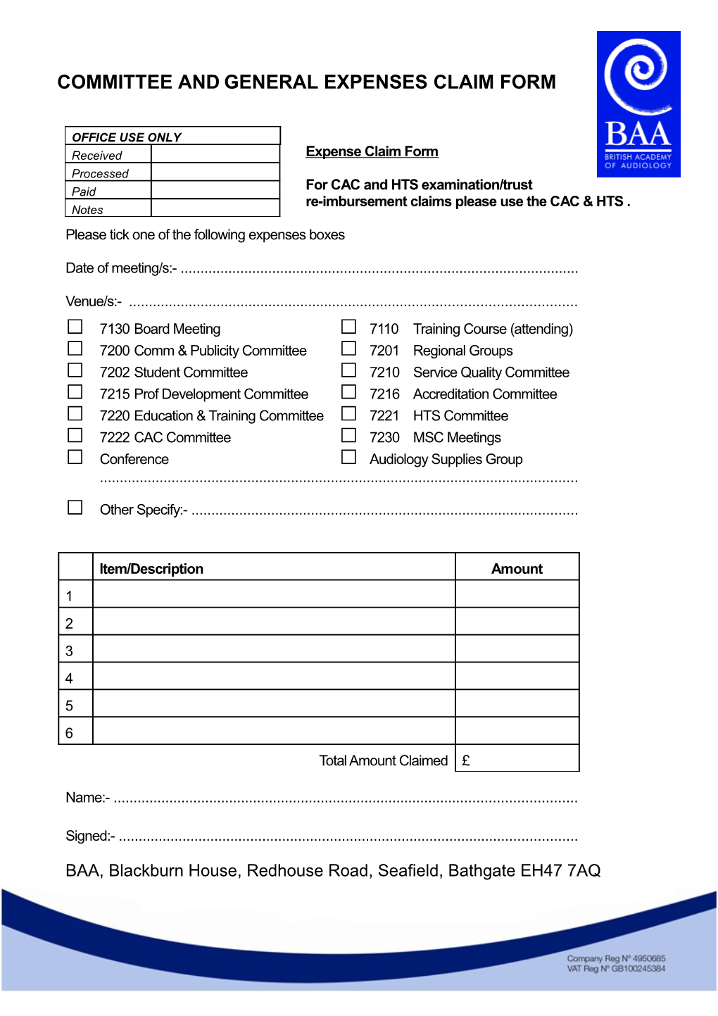 Committee Andgeneral Expenses Claim Form
