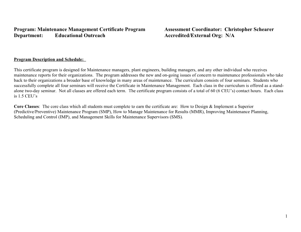 Program: Maintenance Management Certificate Program
