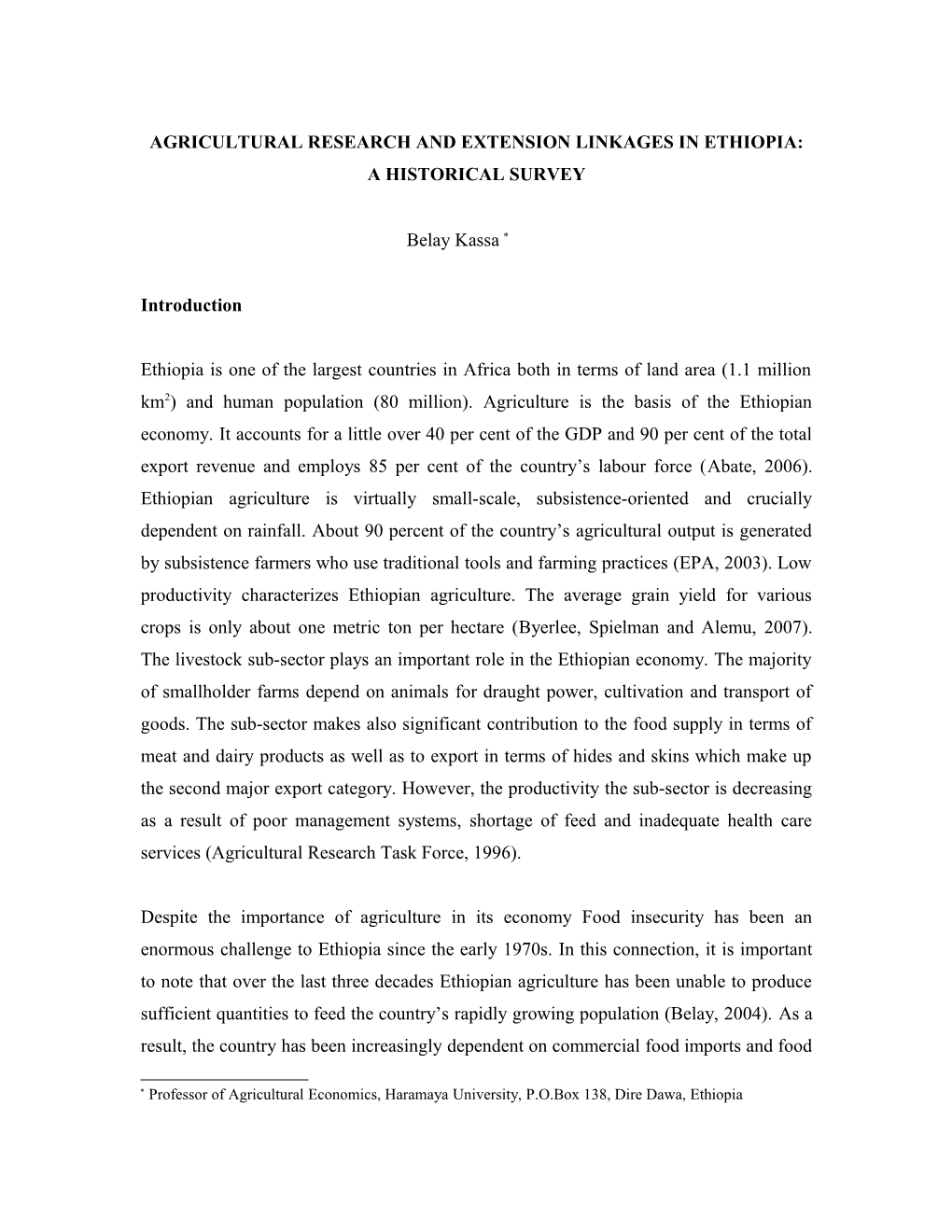 Agricultural Research and Extension Linkage in Ethiopia: a Historical Survey