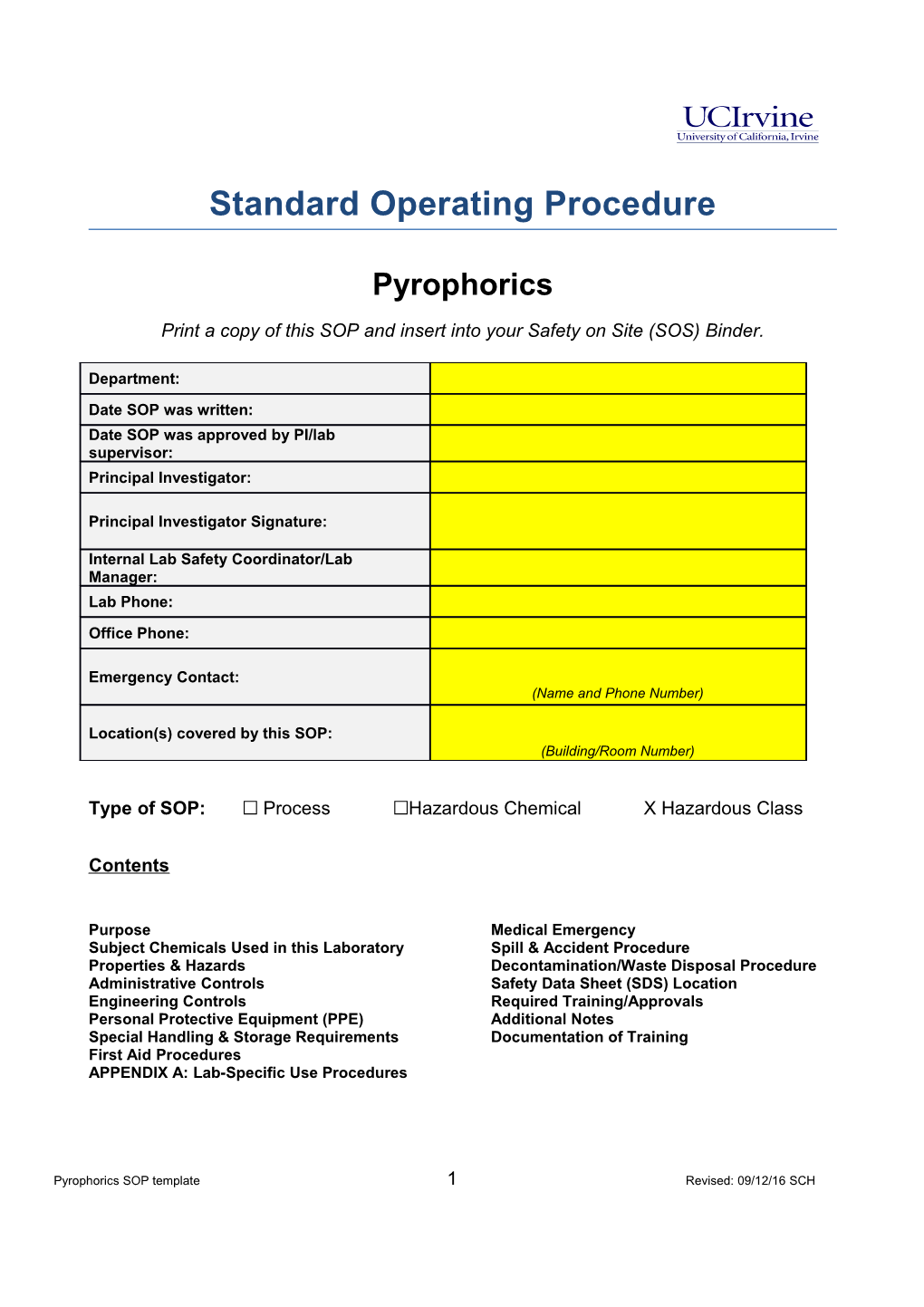 Type of SOP: Process Hazardous Chemical X Hazardous Class