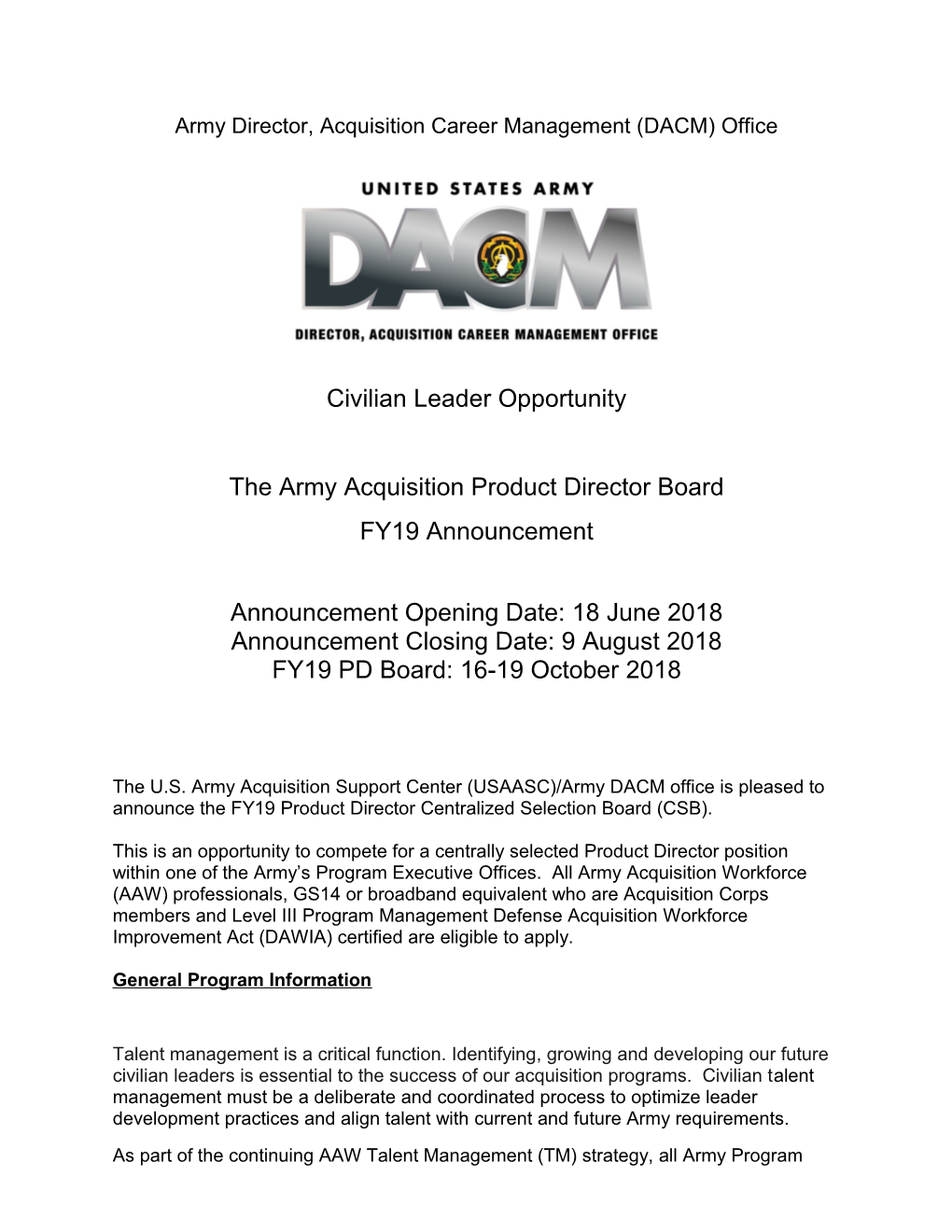 Army Director, Acquisition Career Management (DACM) Office