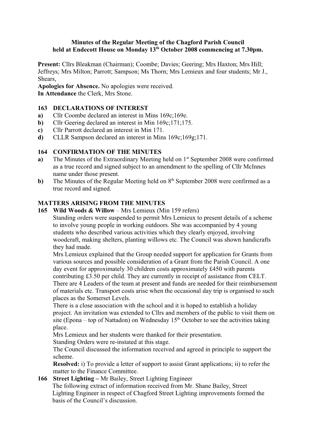 Minutes of the Regular Meeting of the Chagford Parish Council