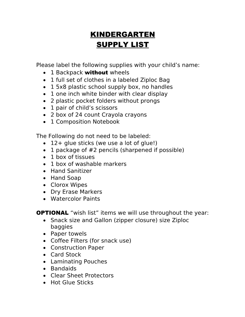 Please Label the Following Supplies with Your Child S Name