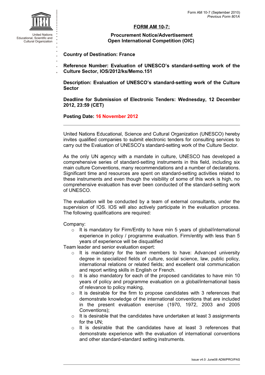 Procurement Notice/Advertisement - Open International Competition (OIC)