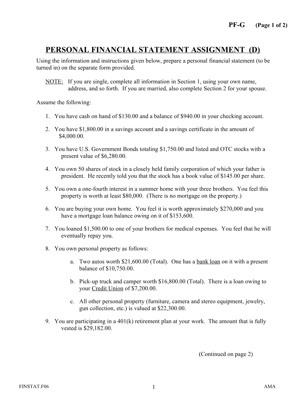 Personal Financial Statement Assignment (D)