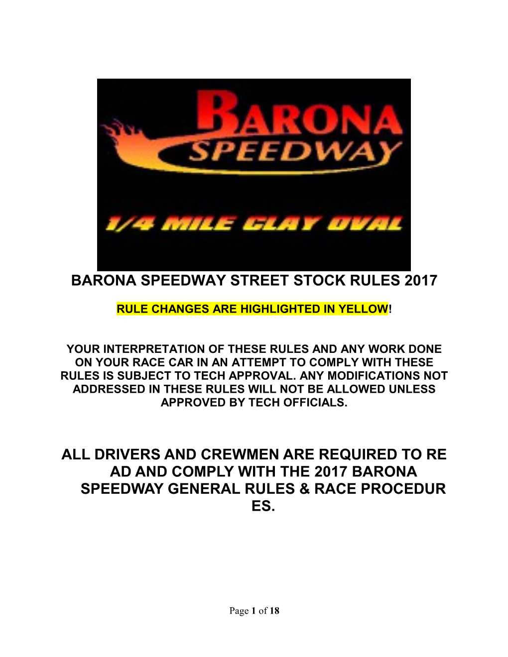 Barona Speedway Street Stock Rules 2017
