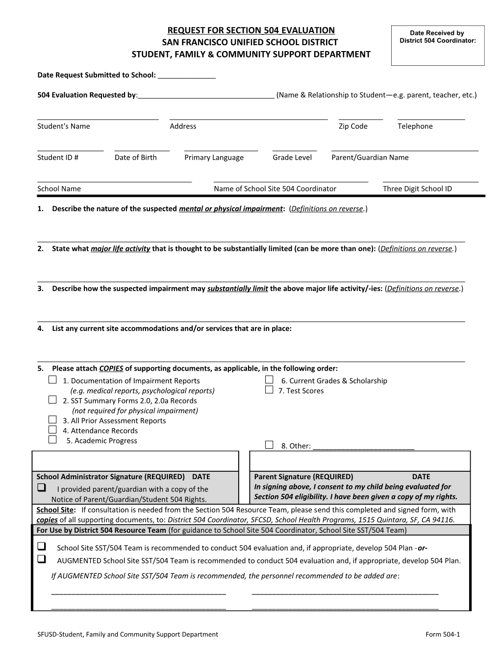 Request for Section 504 Evaluation