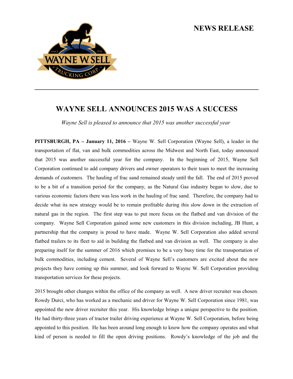 Wayne Sell Announces 2015 Was a Success