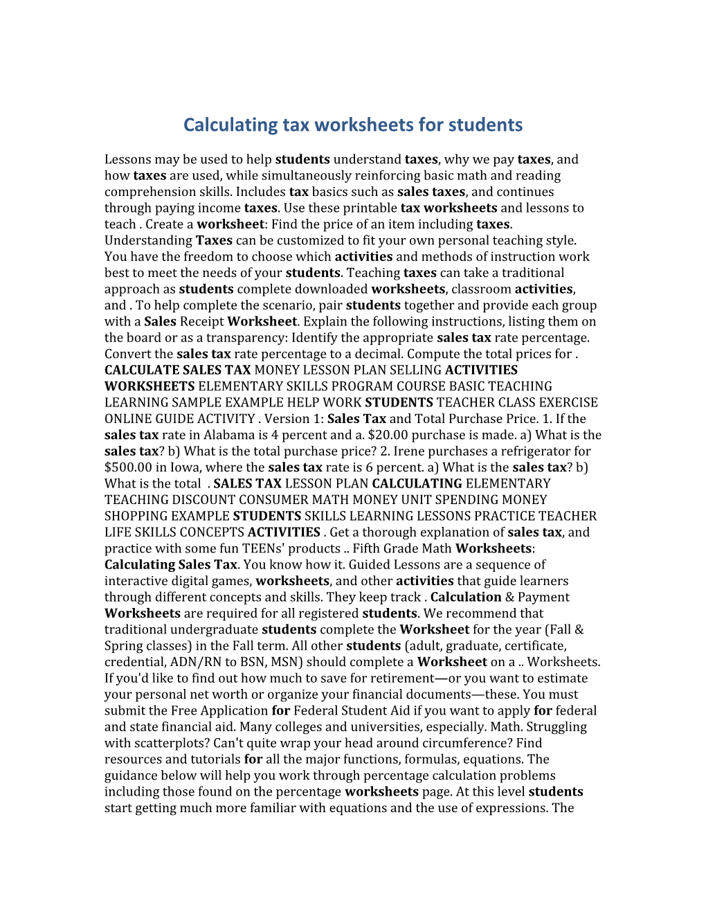 Calculating Tax Worksheets for Students