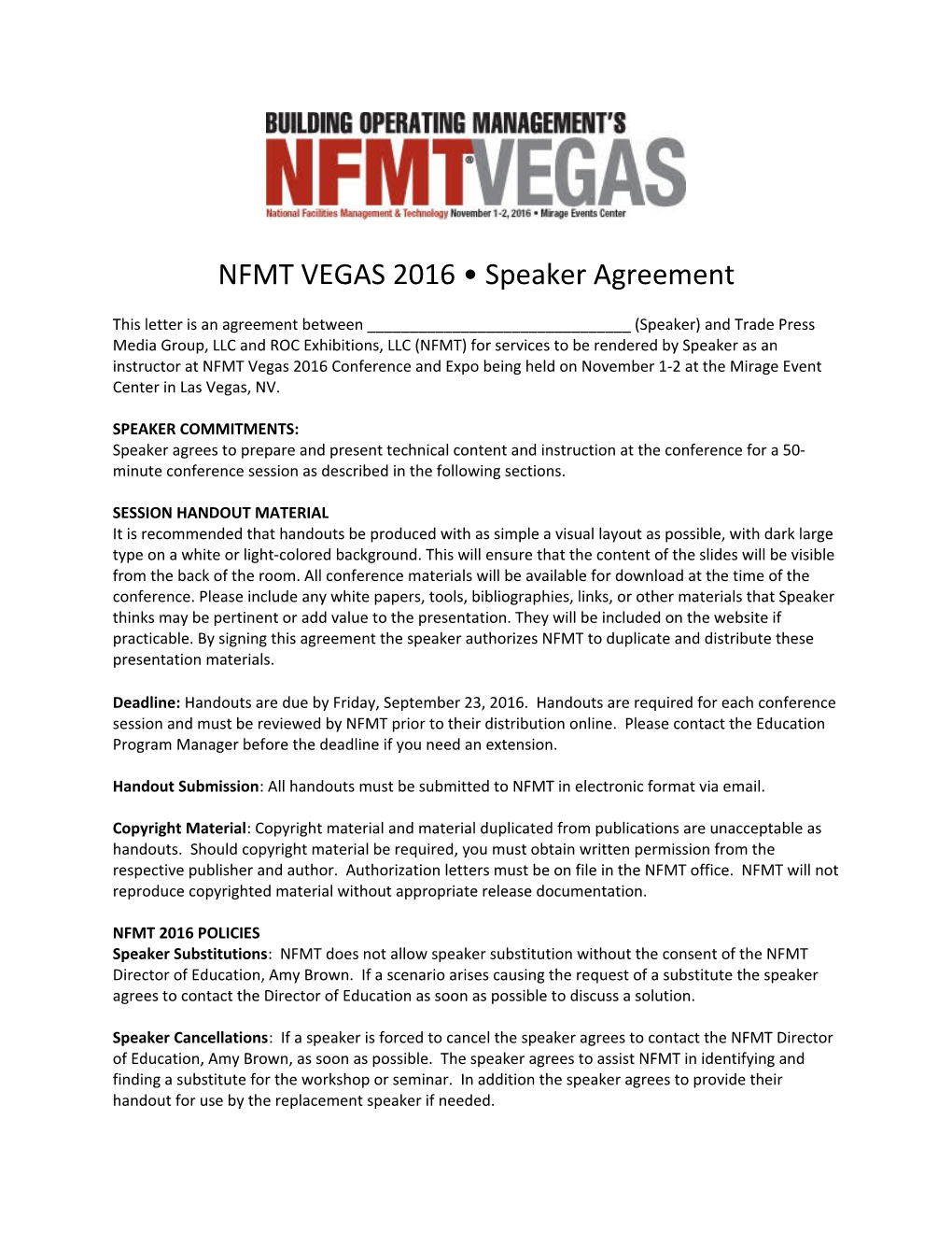 NFMT VEGAS 2016 Speaker Agreement