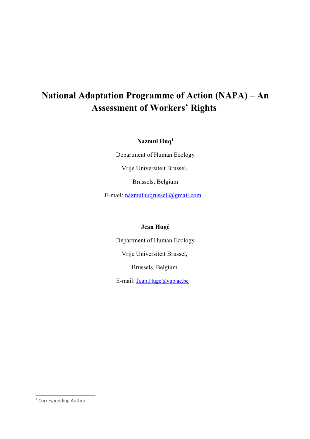 National Adaptation Programme of Action (NAPA) Looking Through the Lens of Rights
