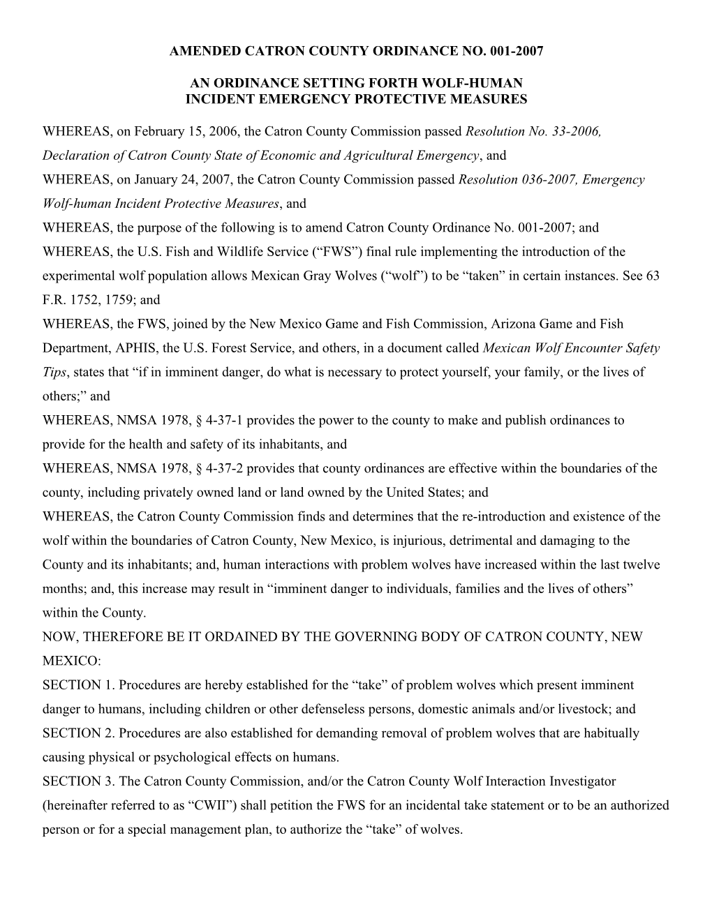 Amended Catron County Ordinance No