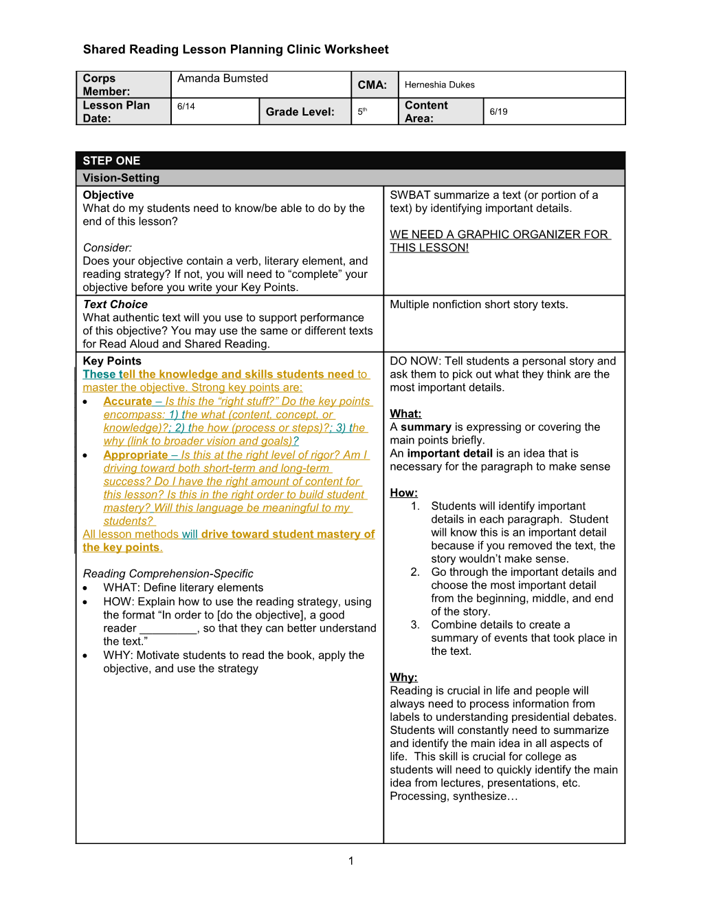 Lesson Planning Clinic - Worksheet