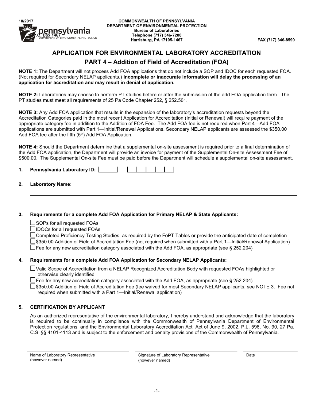 Application for Environmental Laboratory Accreditation