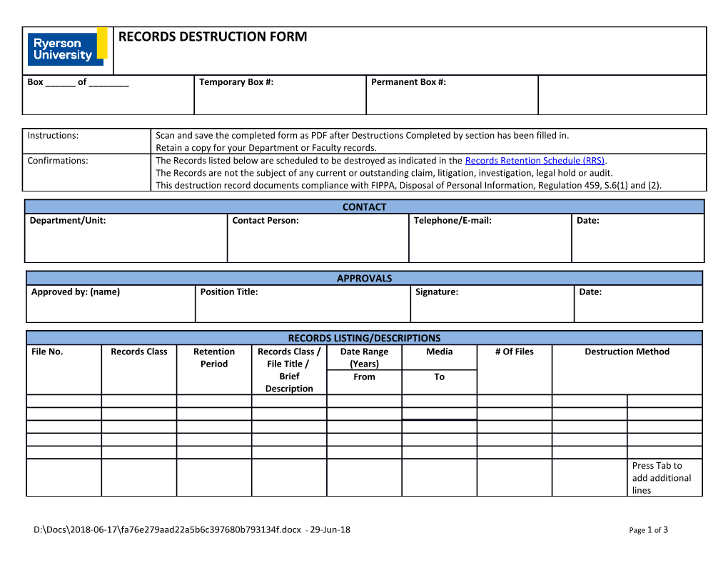 To Use This Form, Complete the Sections As Follows