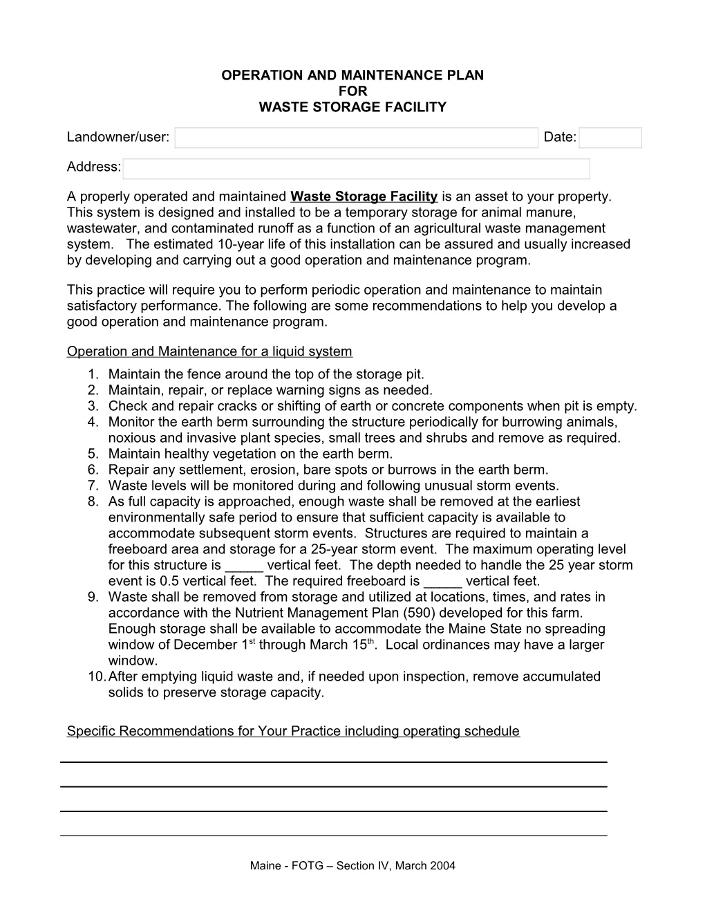 Operation and Maintenance Plan