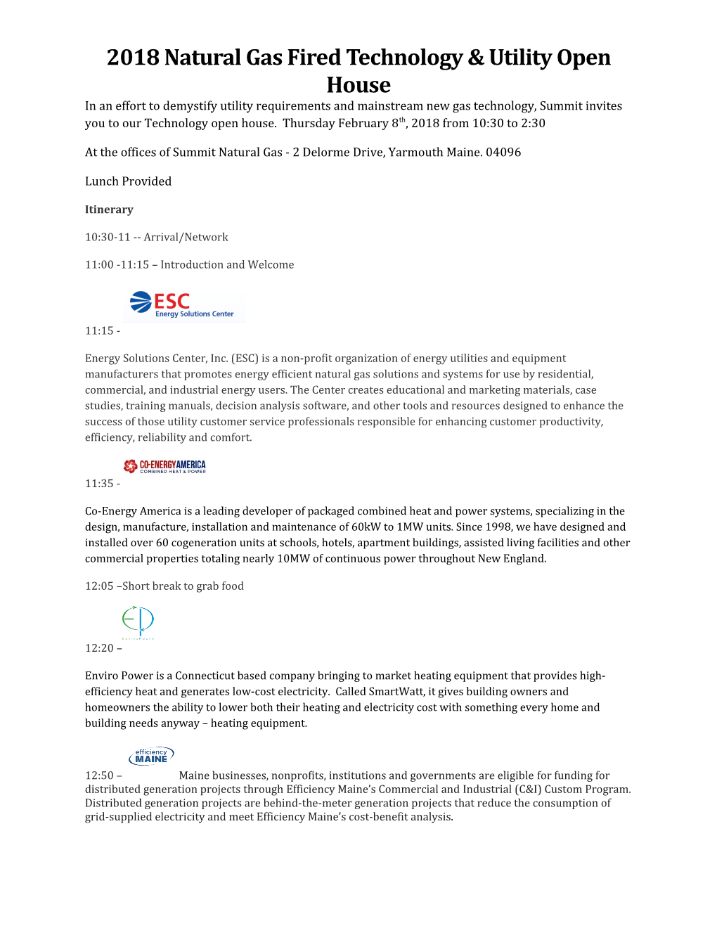 Summit Natural Gas 2018 Gas Fired Technology & Utility Information Engineering Open House