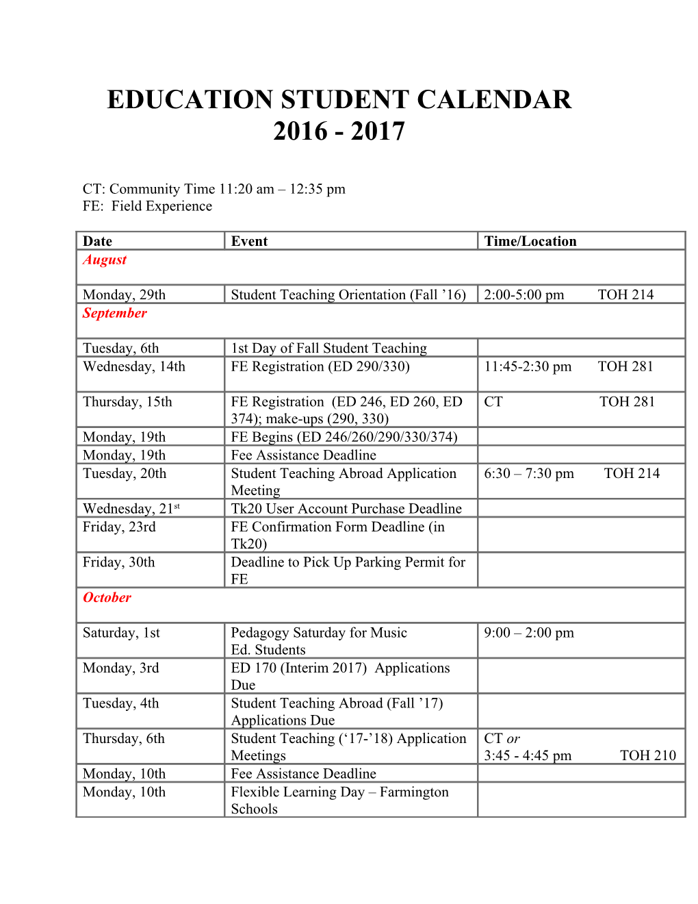 Education Student Calendar2016 - 2017