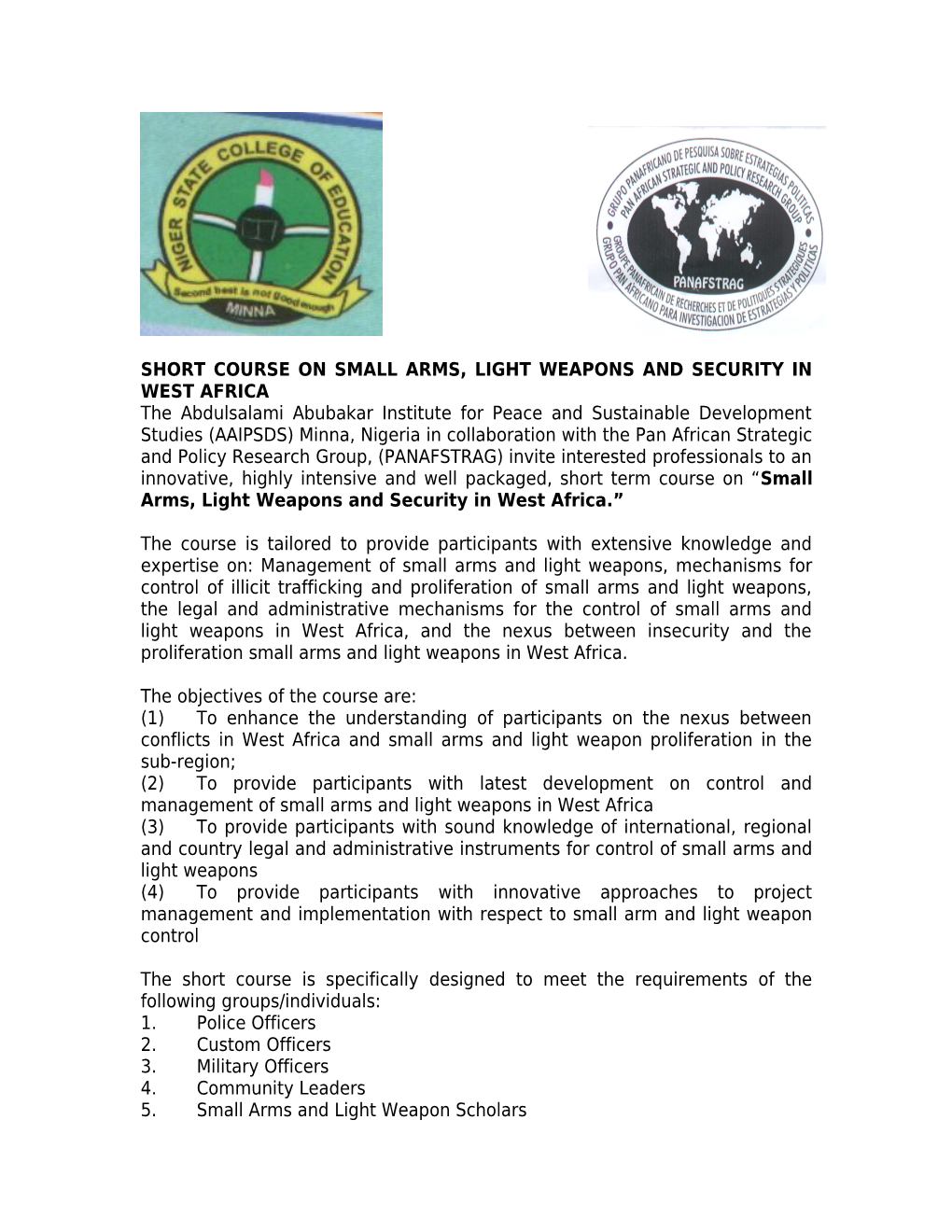 Short Course on Small Arms and Light Weapons in West Africa