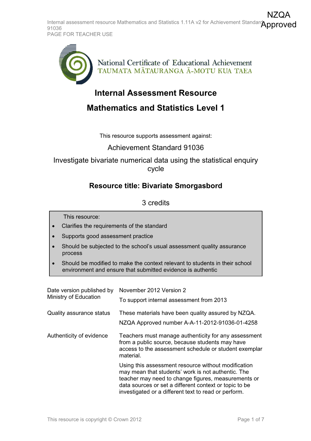 Level 1 Mathematics and Statistics Internal Assessment Resource