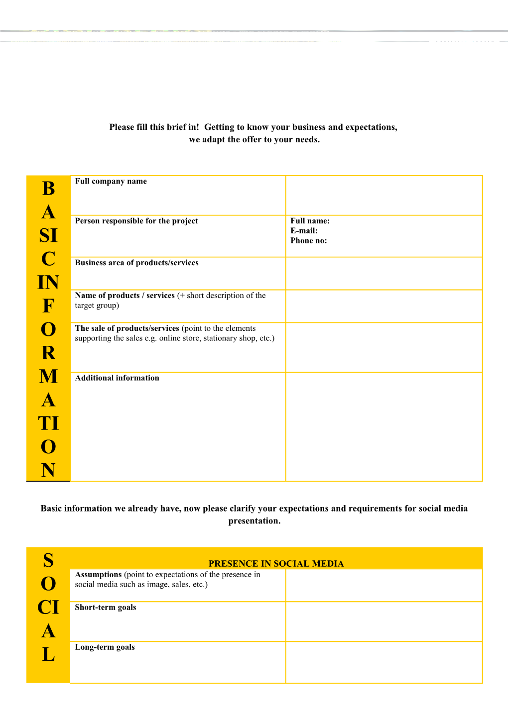 Please Fill This Brief In! Getting to Know Your Business and Expectations, We Adapt The