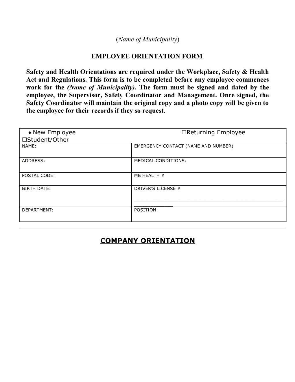 Employee Orientation Form