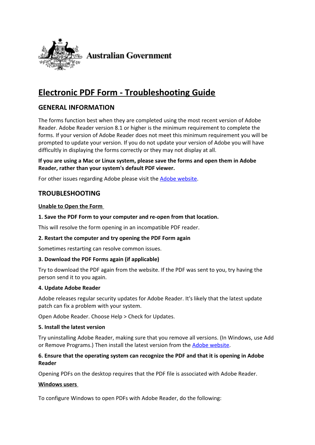 Electronic PDF Form - Troubleshooting Guide