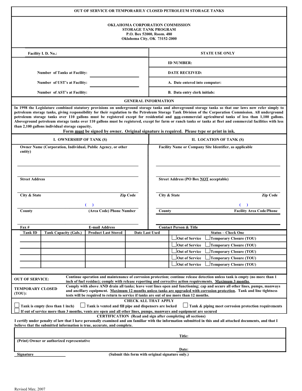 Out-Of-Service Or Temporarily Closed Petroleum Storage Tanks Form