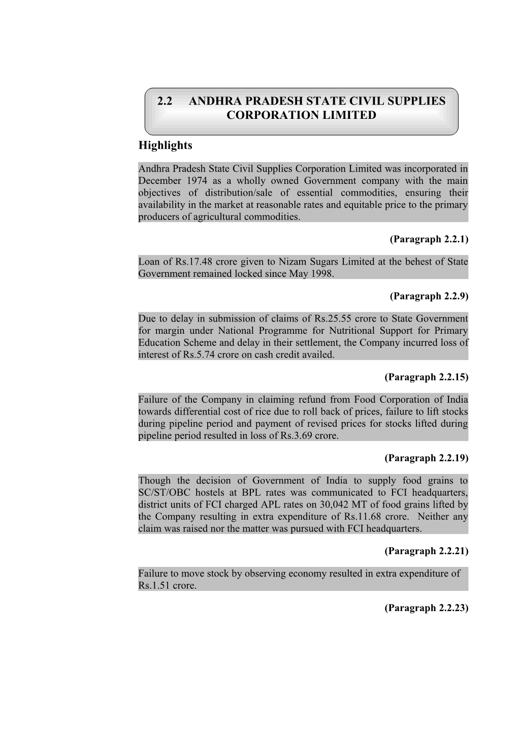 Draft Review Report on the Working of Andhra Pradesh State Civil Supplies Corporation Limited