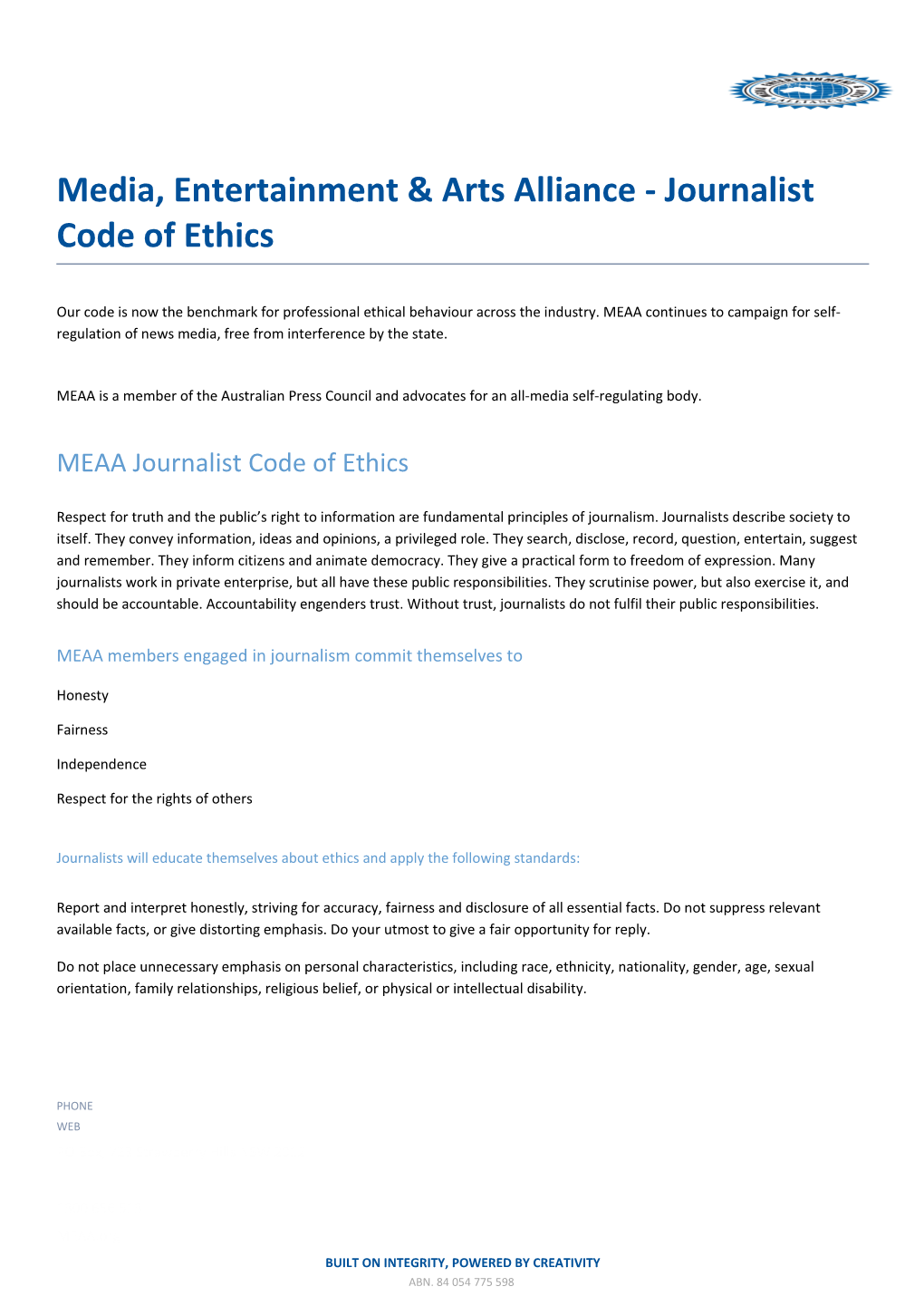 Media, Entertainment & Arts Alliance - Journalist Code of Ethics