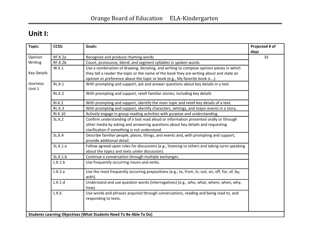 Orange Board of Education ELA-Kindergarten