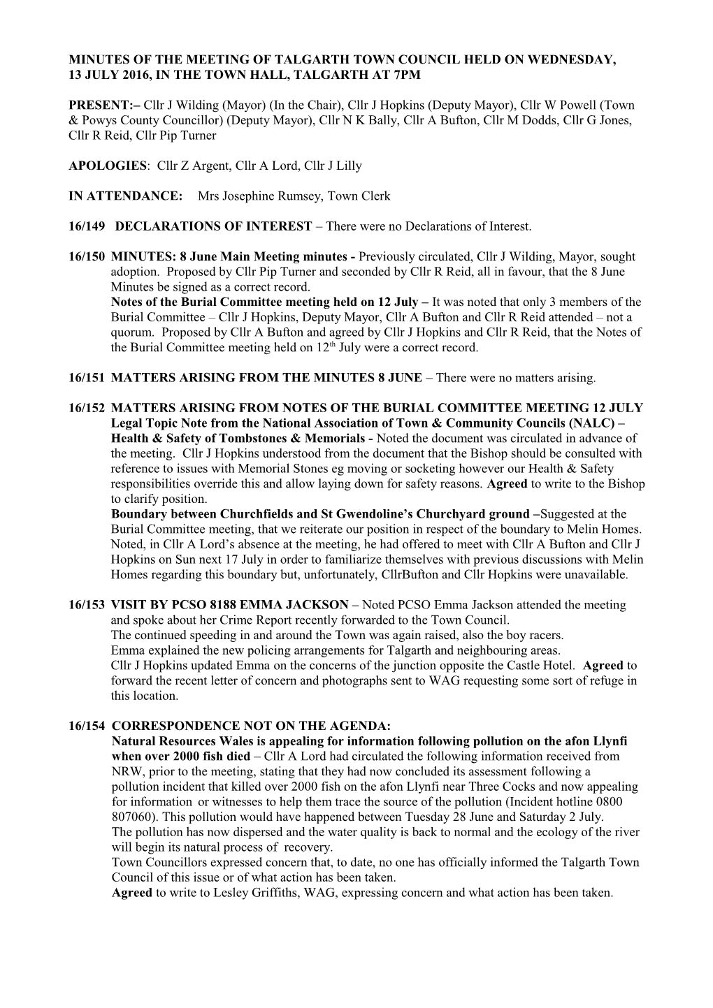 Minutes of the Meeting of Talgarth Town Council Held on Wednesday, 10 October 2012, In s1