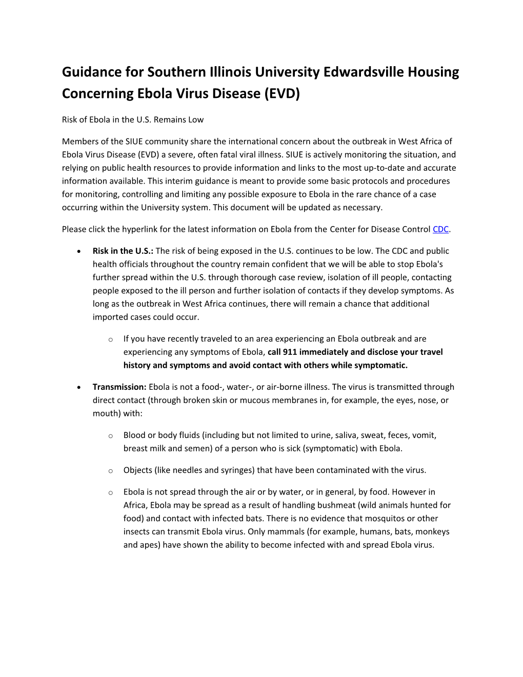 Guidance for Southern Illinois University Edwardsville Housing Concerning Ebola Virus