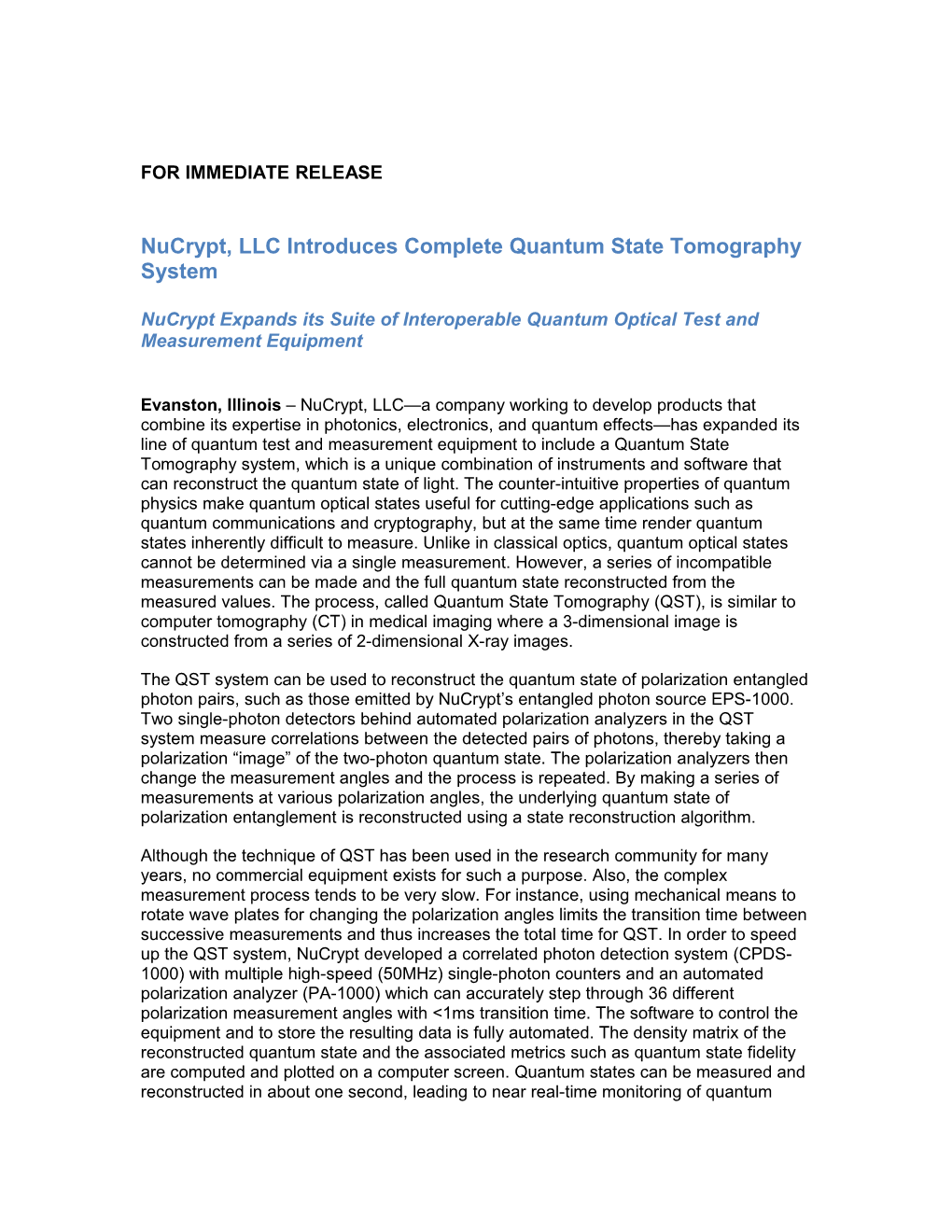 Nucrypt, LLC Introduces Complete Quantum State Tomography System