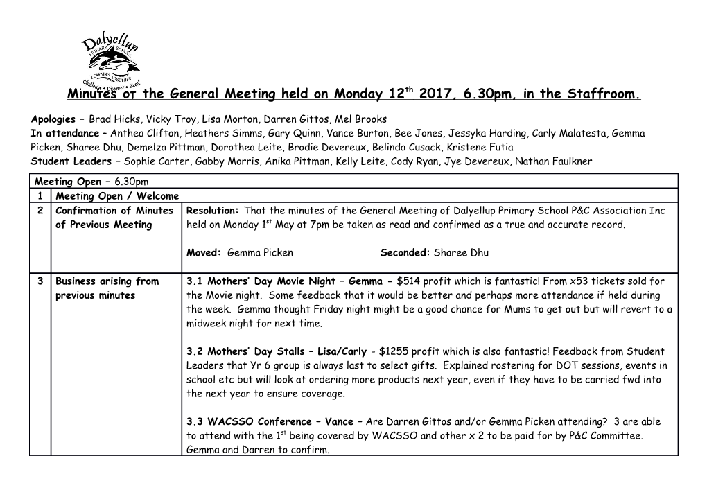 Minutes of the General Meeting Held on Monday 12Th 2017, 6.30Pm, in the Staffroom