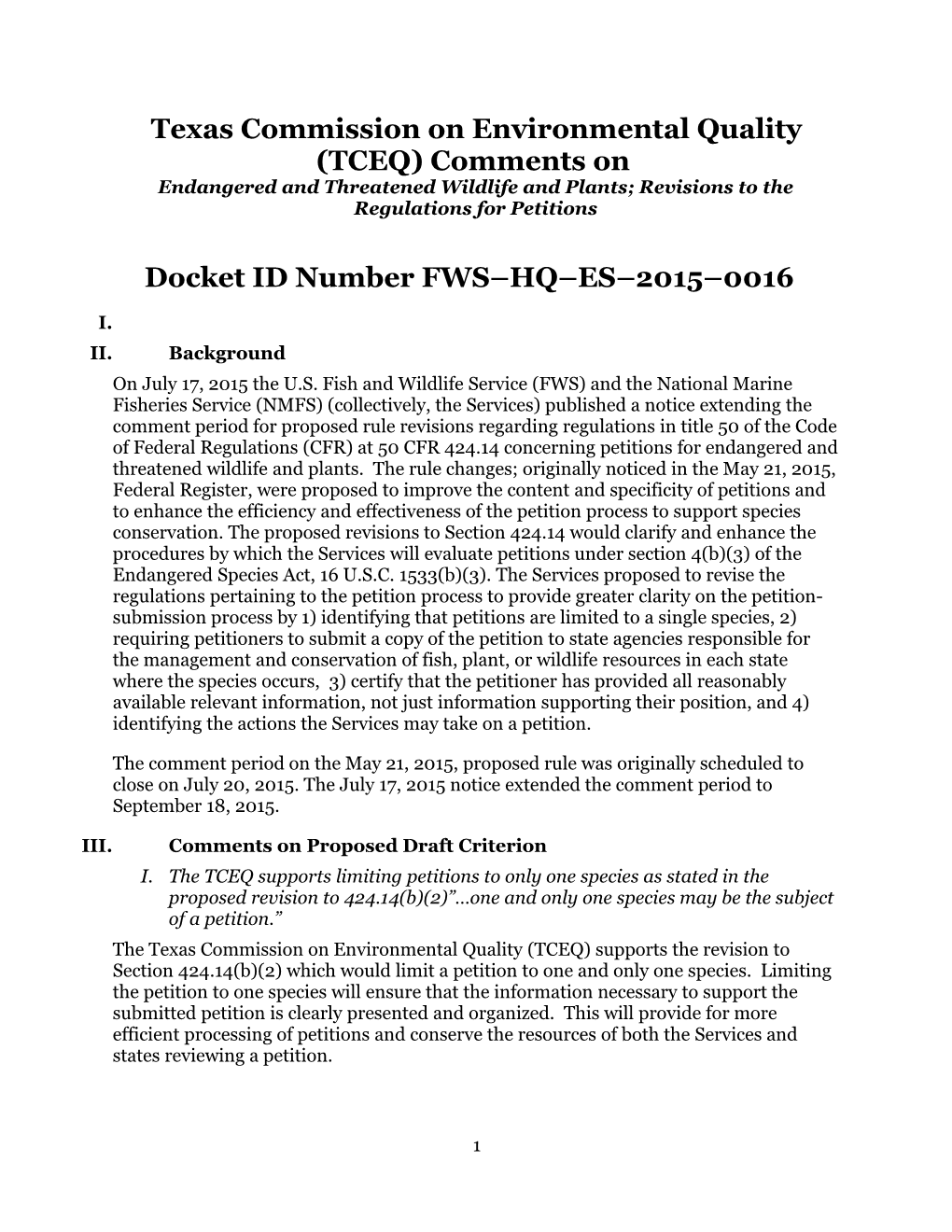 Texas Commission on Environmental Quality (TCEQ) Comments On