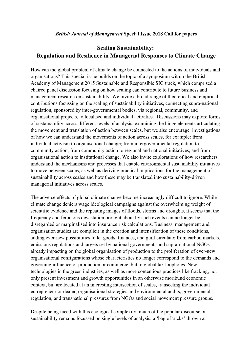 British Journal of Management Special Issue 2018 Call for Papers