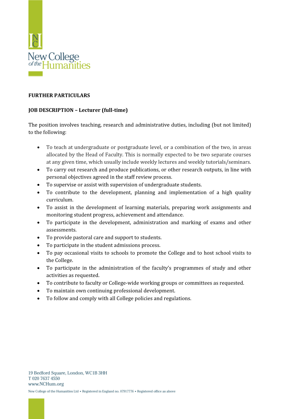 JOB DESCRIPTION Lecturer (Full-Time)