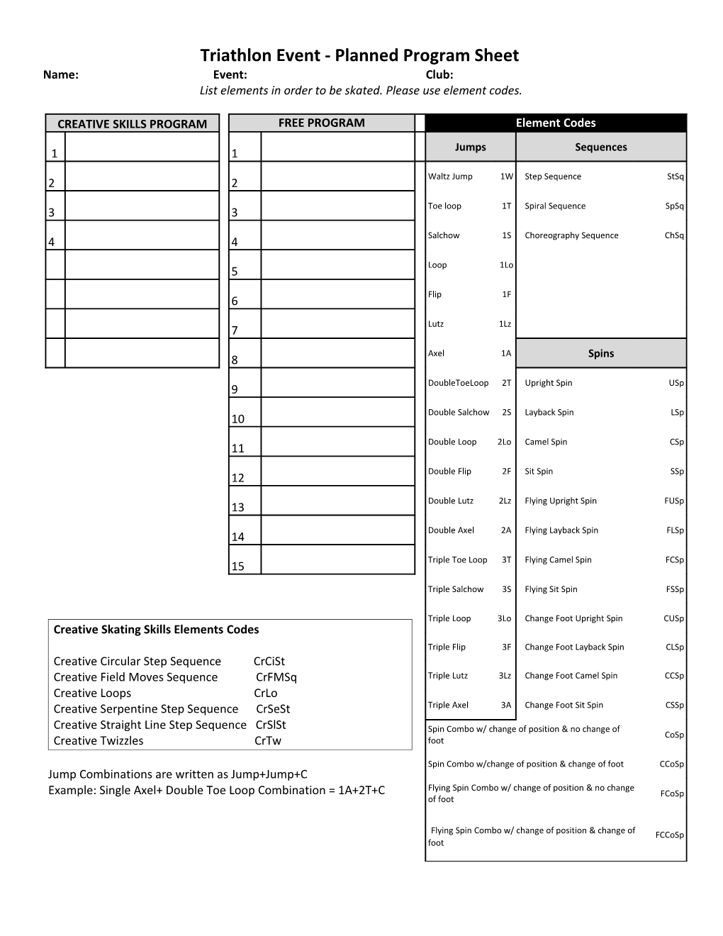 Triathlon Event - Planned Program Sheet