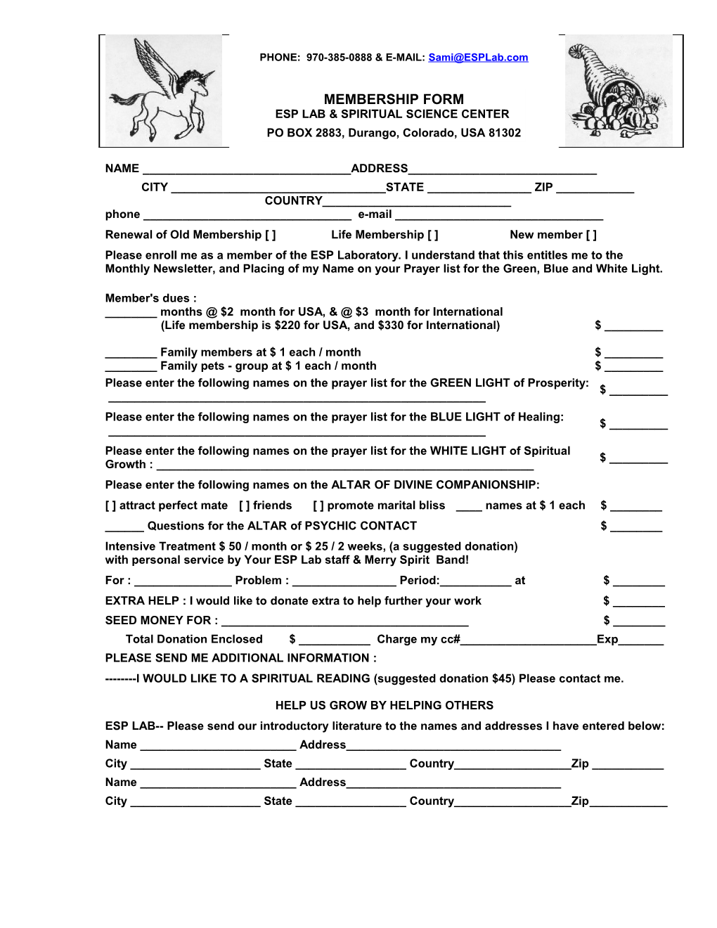 Membership Form - ESP Lab & SPIRITUAL SCIENCE CENTER