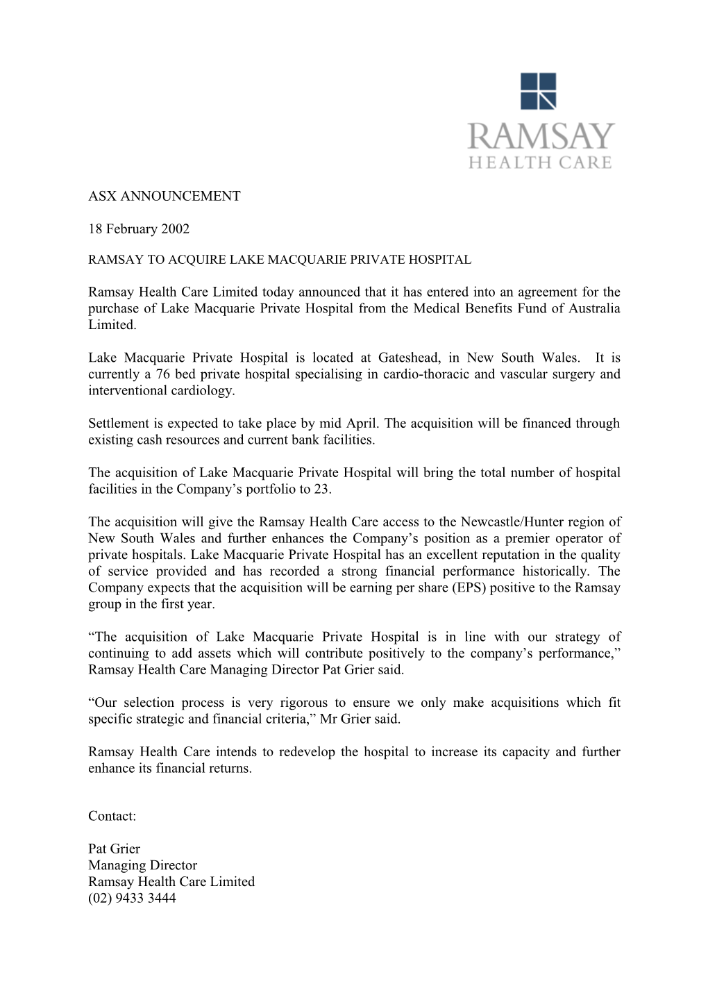 Ramsay to Acquire Lake Macquarie Private Hospital