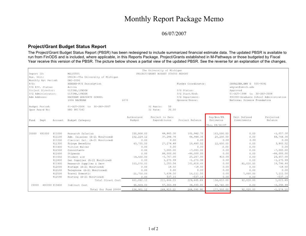 Project/Grant Budget Status Report