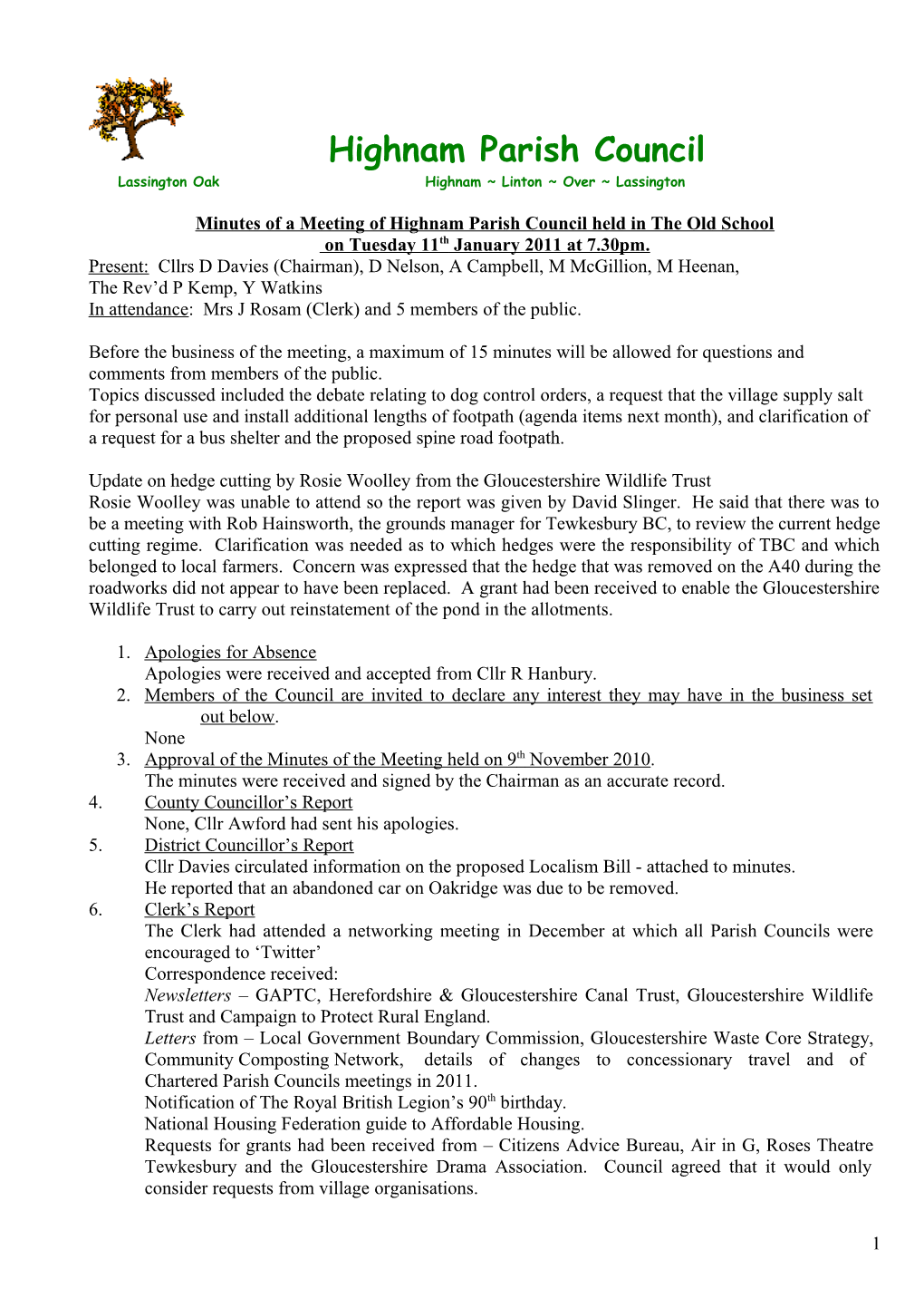Minutes of a Meeting of Highnam Parish Council Held in the Old School