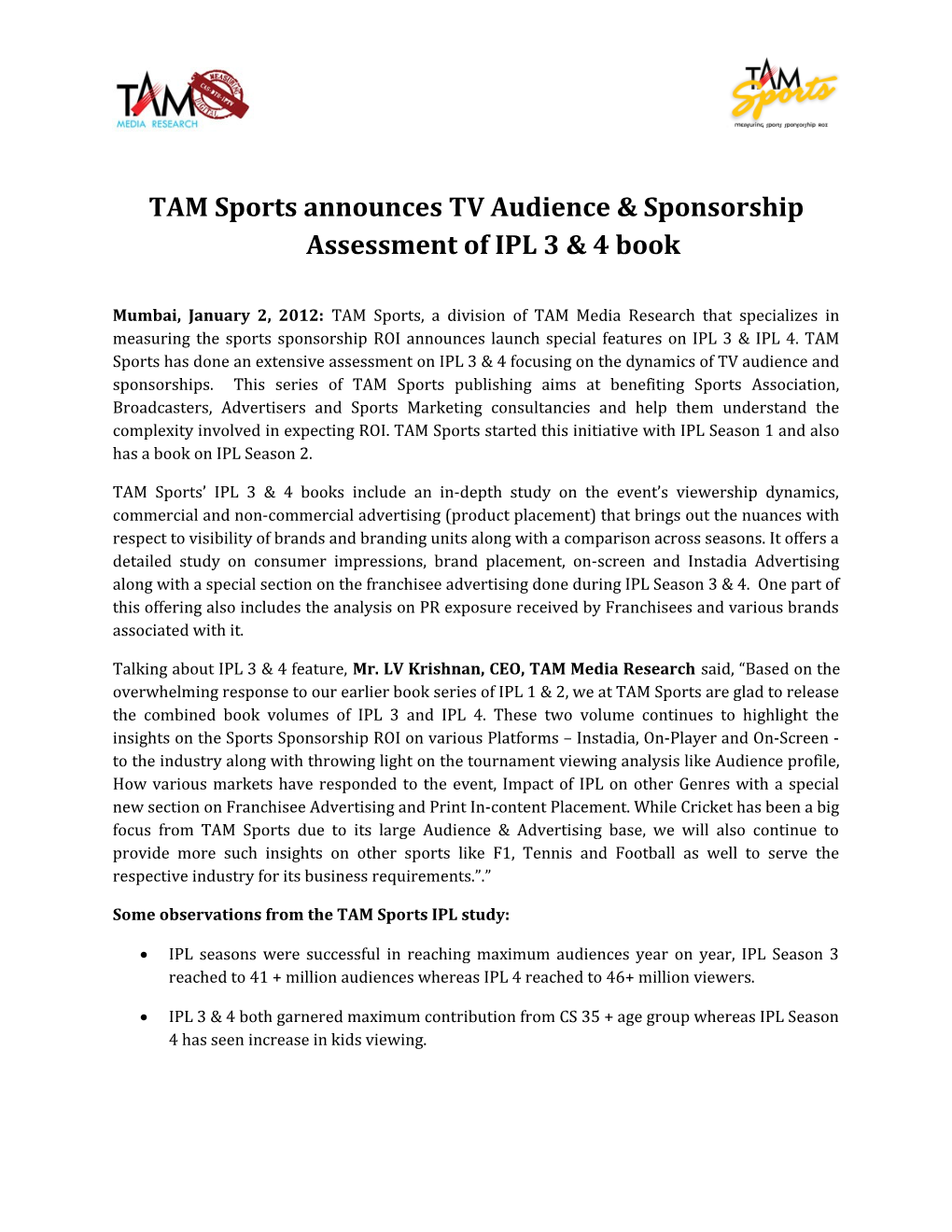 TAM Sports Announces TV Audience & Sponsorship Assessment of IPL 3 & 4 Book