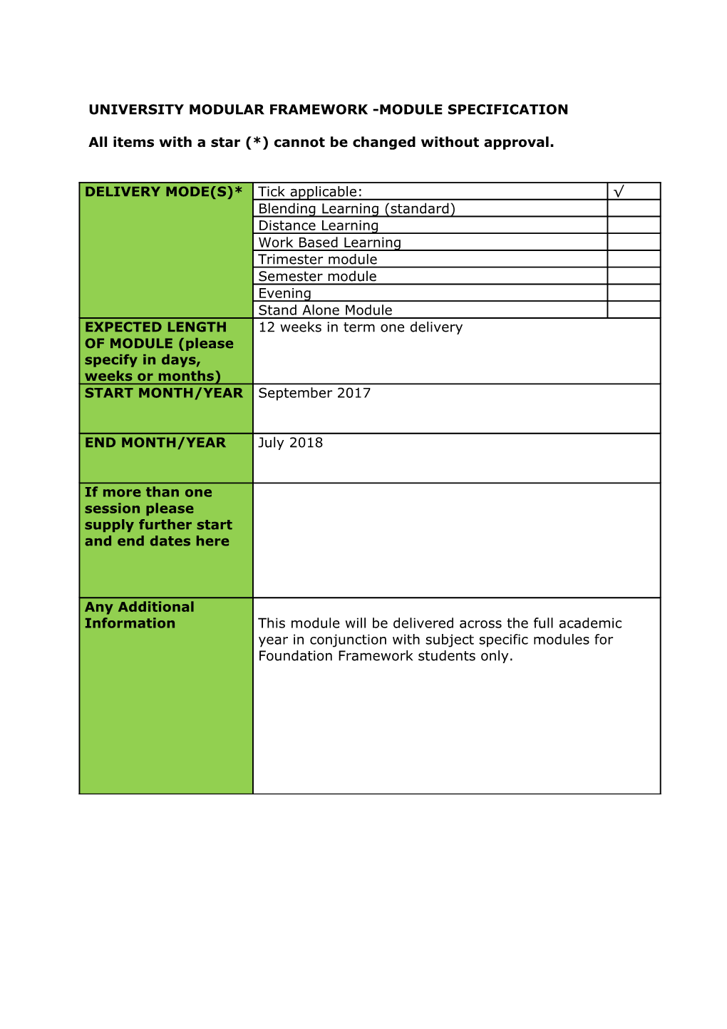 University Modular Framework -Module Specification